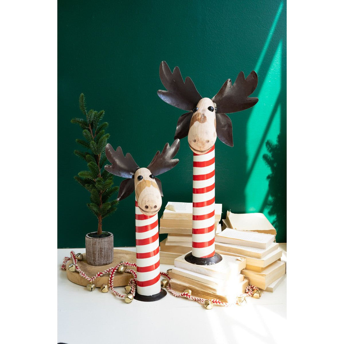 Recycled Iron Moose w/Red & White Painted Wood Bases