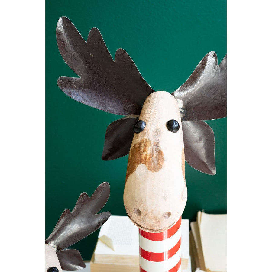 Recycled Iron Moose w/Red & White Painted Wood Bases