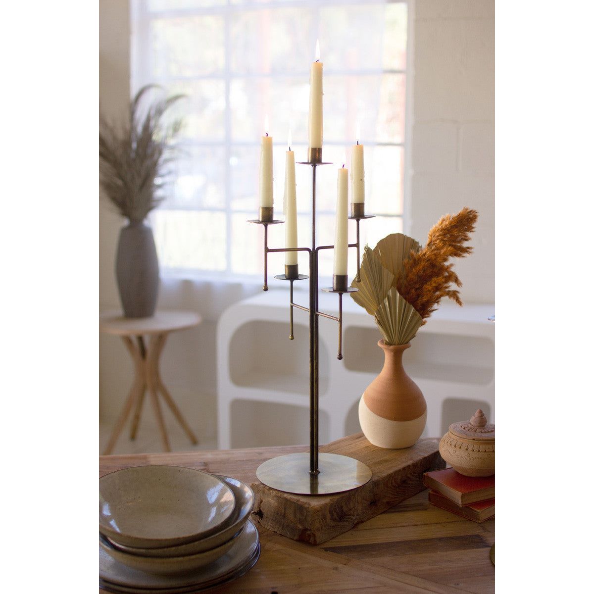 Antique Brass Tabletop Candelabra w/5 Taper Candle Holders
