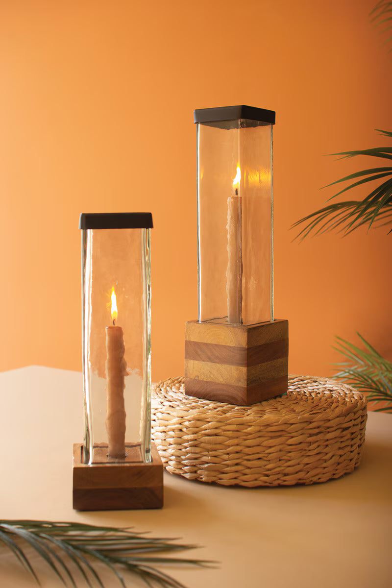 S/2 Square Glass & Wood Taper Candle Holders