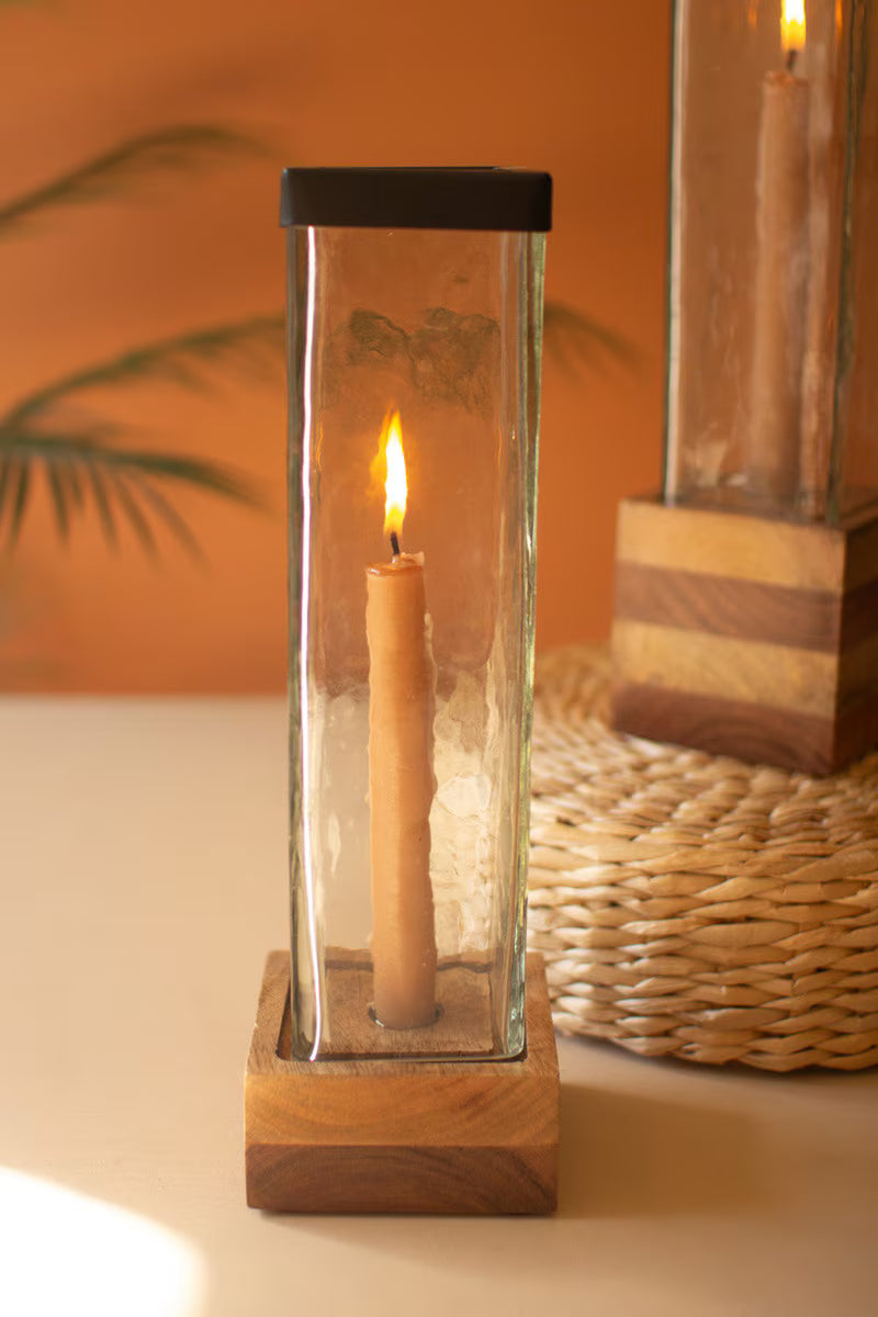 S/2 Square Glass & Wood Taper Candle Holders