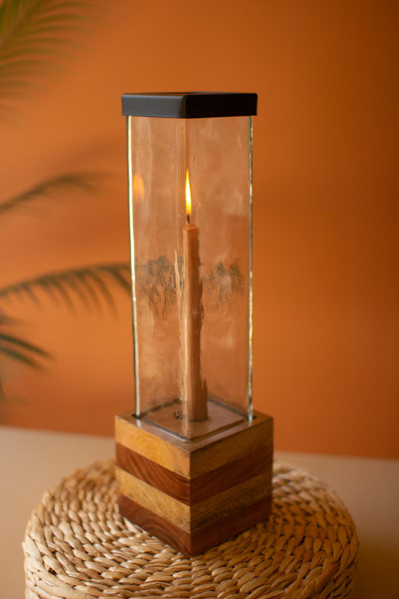 S/2 Square Glass & Wood Taper Candle Holders
