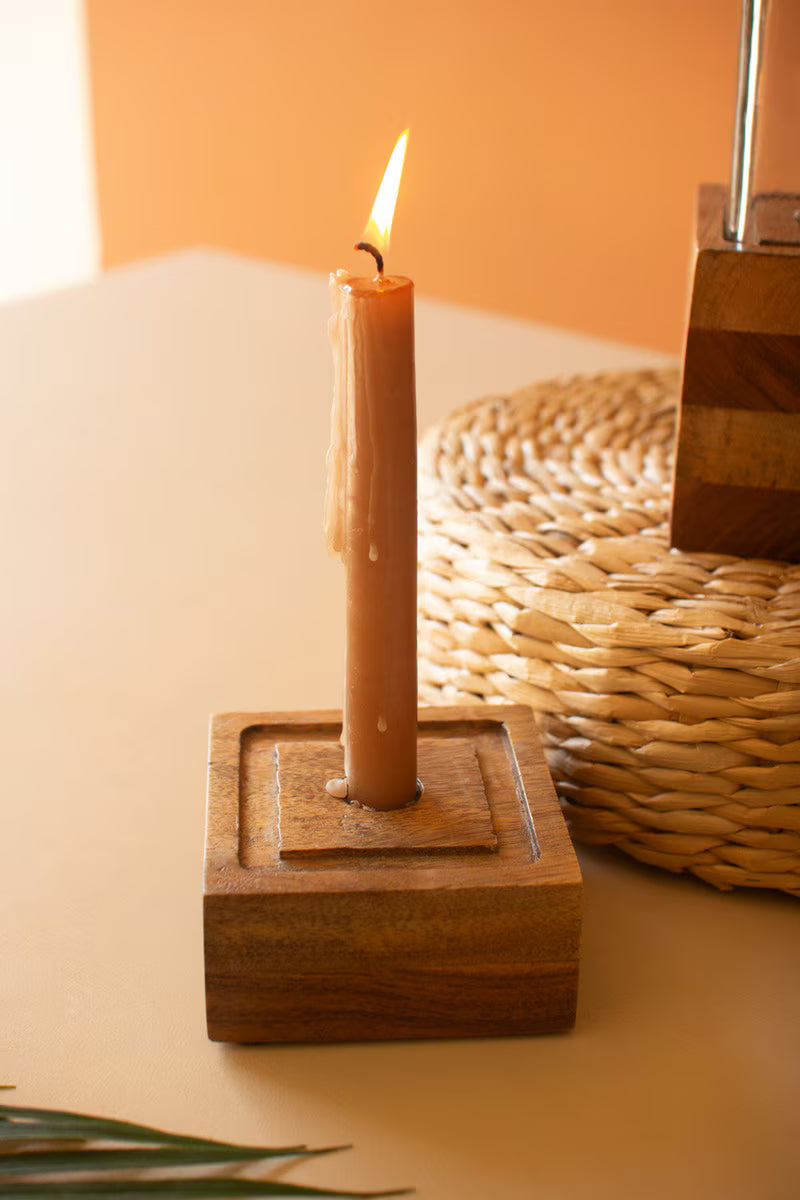 S/2 Square Glass & Wood Taper Candle Holders