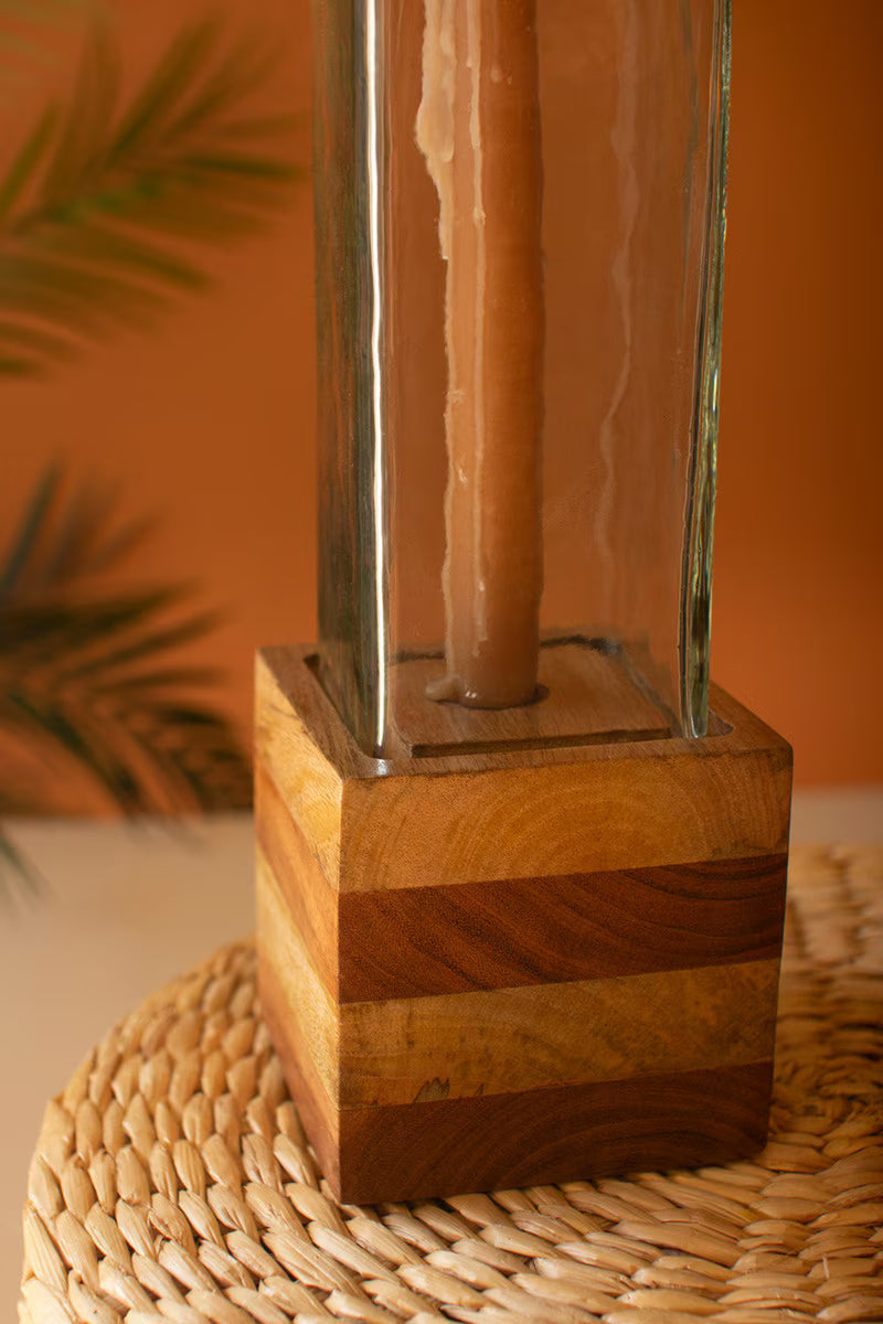 S/2 Square Glass & Wood Taper Candle Holders