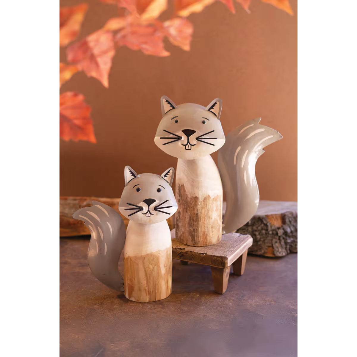 S/2 Recycled Wood & Iron Squirrels