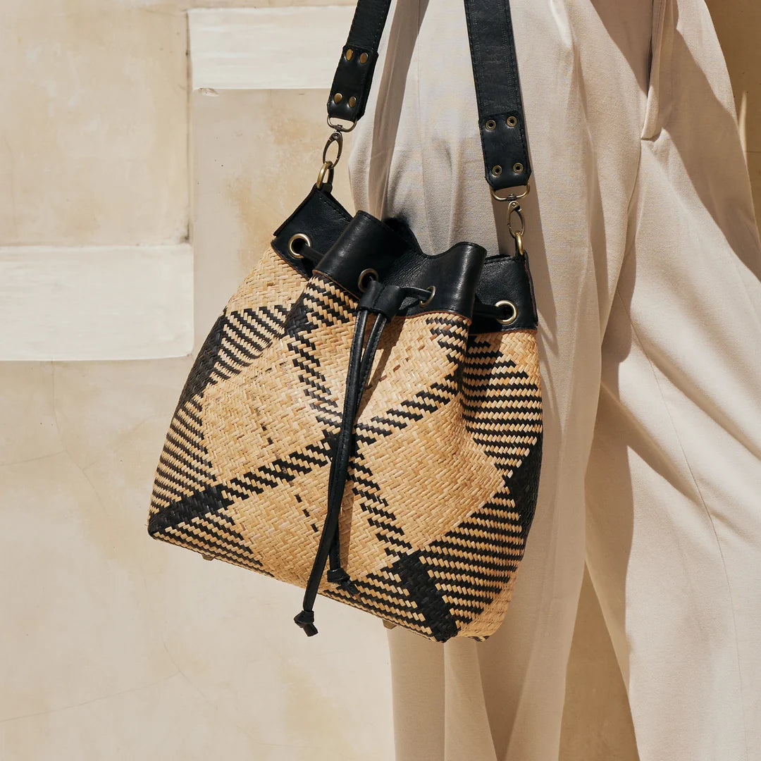 Black & Ivory Plaid Rattan Sling