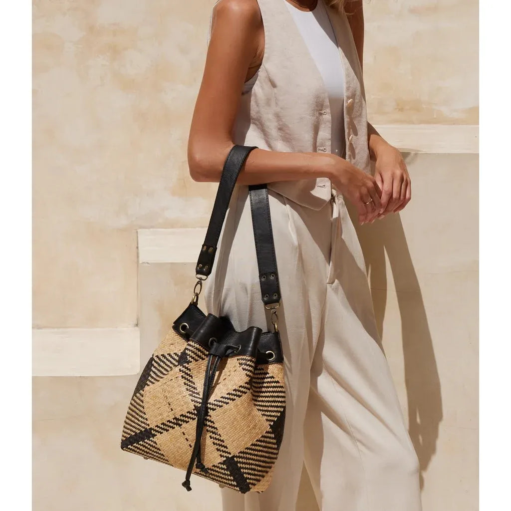 Black & Ivory Plaid Rattan Sling
