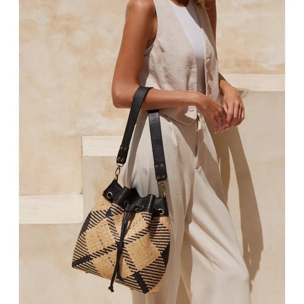 Black & Ivory Plaid Rattan Sling
