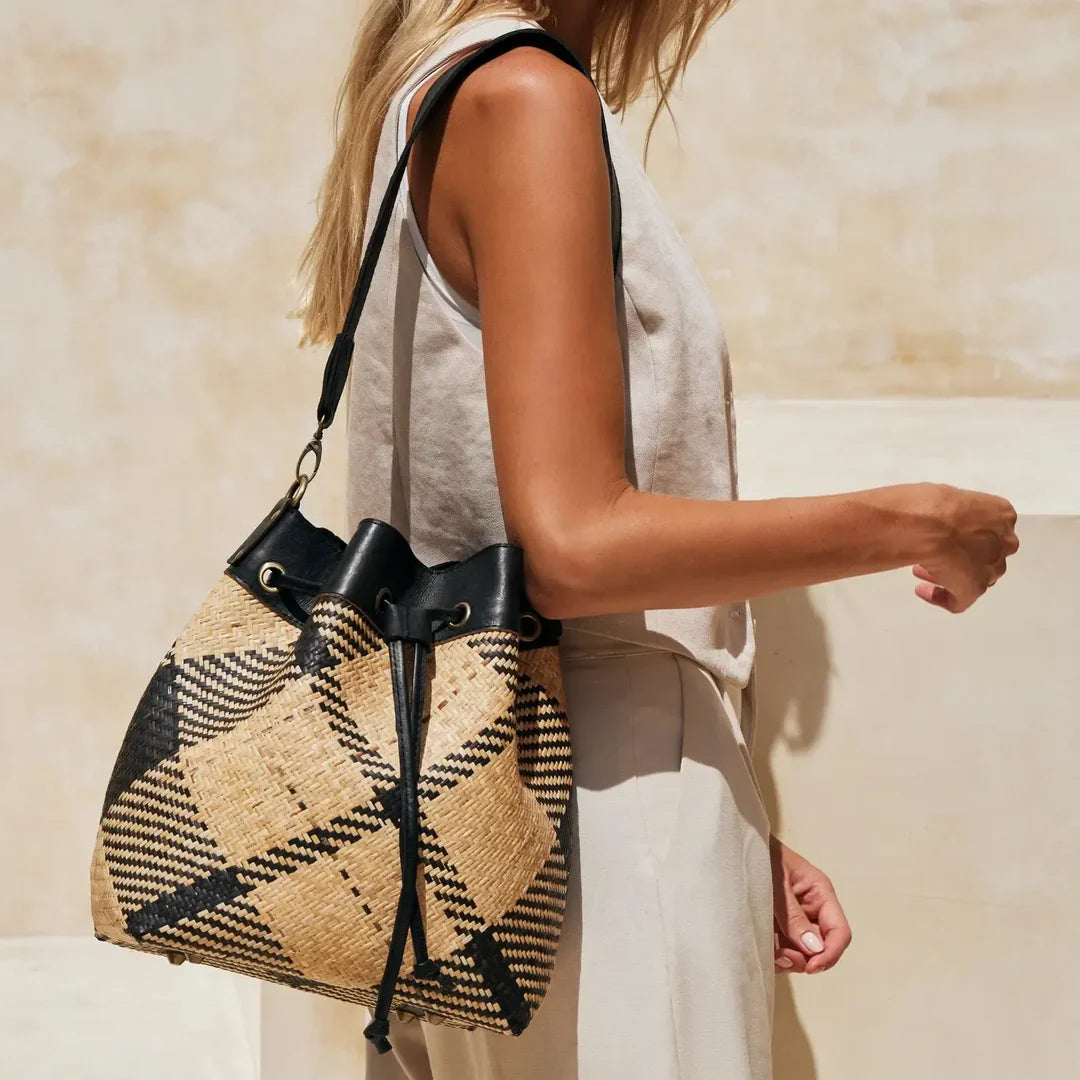 Black & Ivory Plaid Rattan Sling