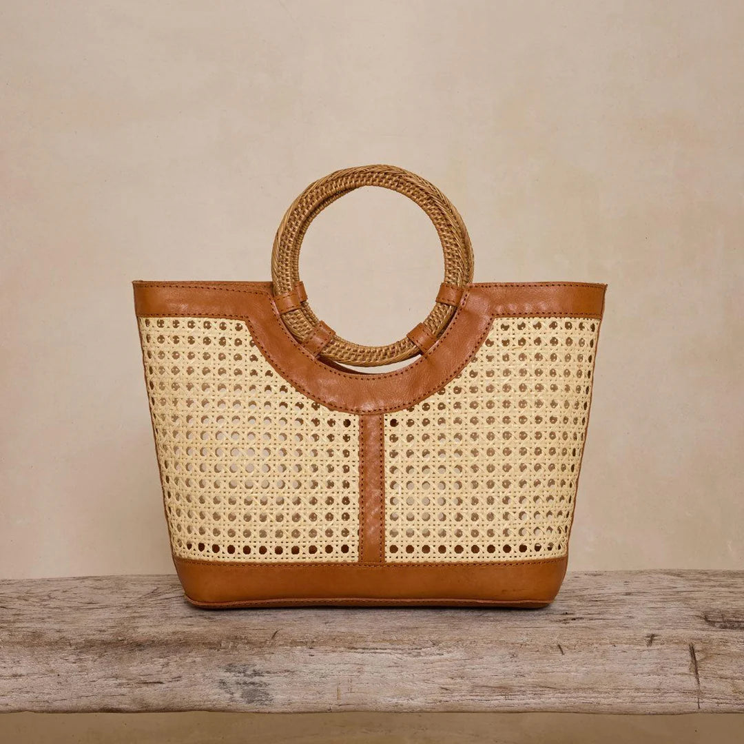 Leather & Cane Weave Tote with Round Handle