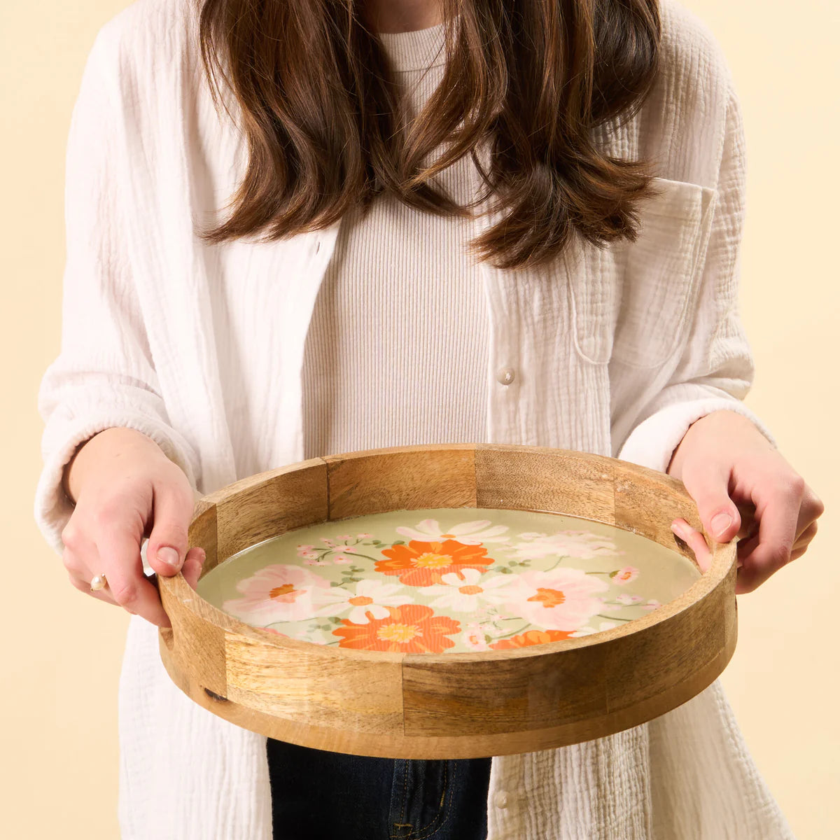 Round Wood Enamel Tray | Large