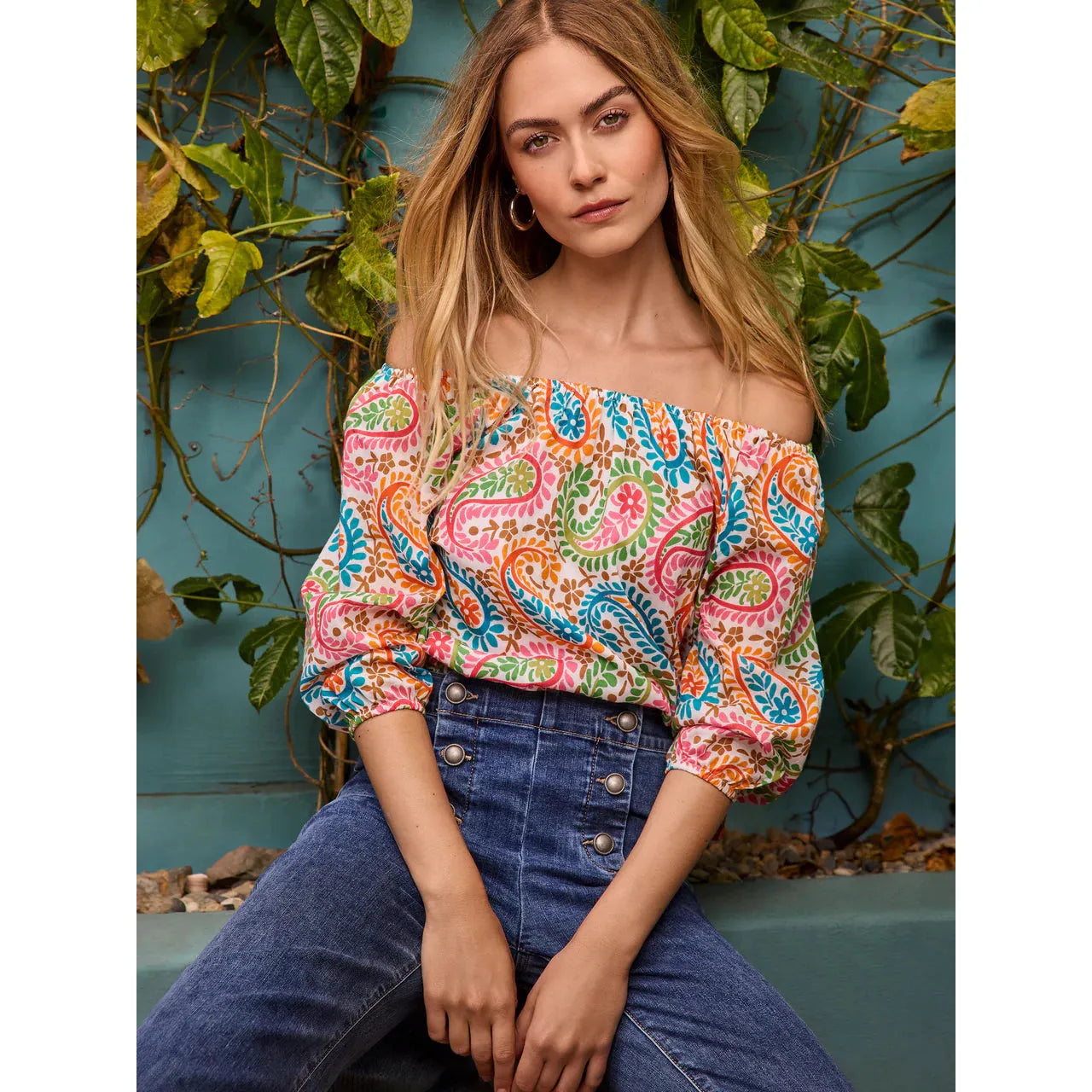 Printed Off-The-Shoulder Cotton Blouse |  Rainbow