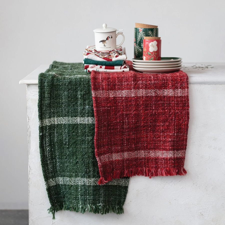 Green Table Runner w/Stripe/Fringe