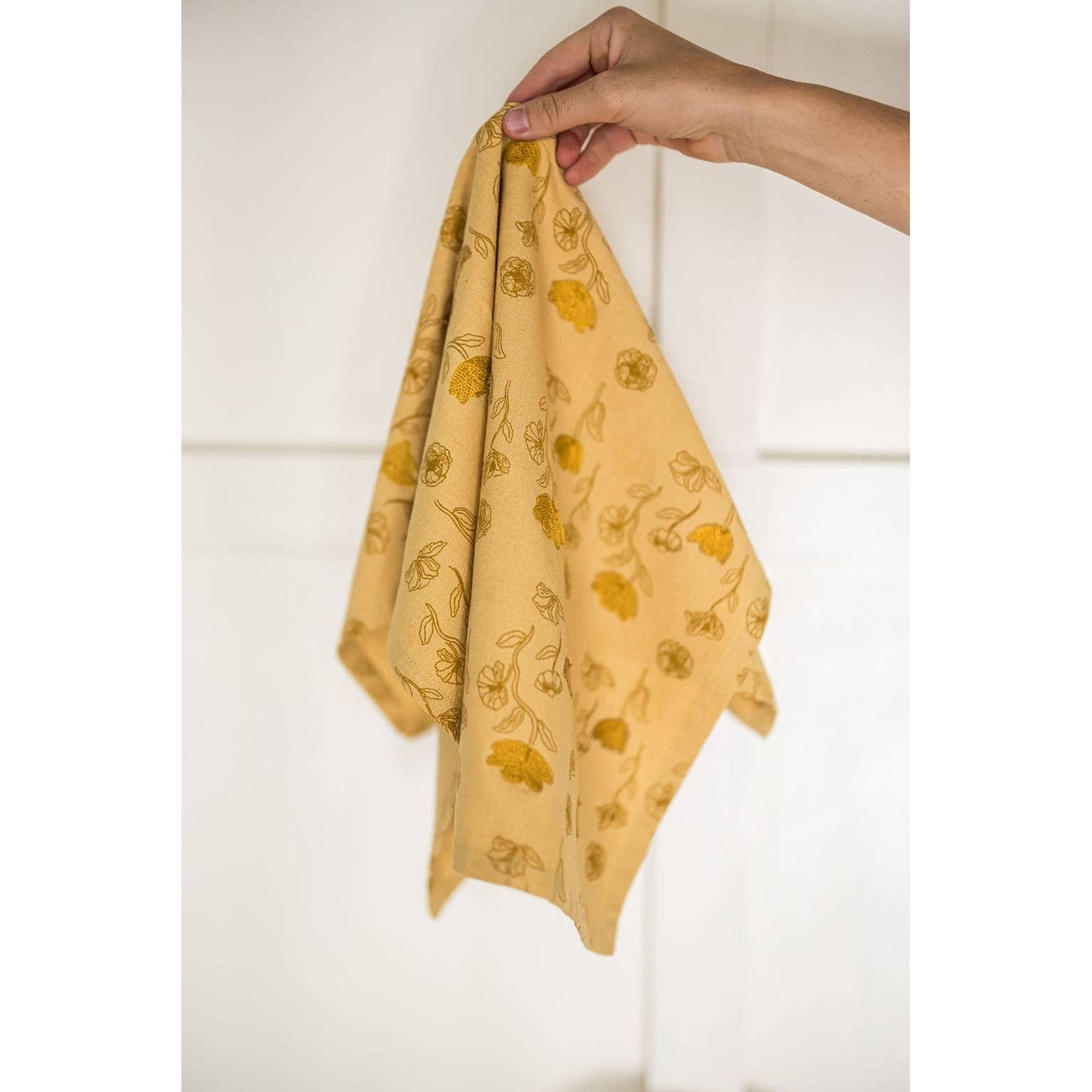 Yellow Poppy Embroidered Tea Towel