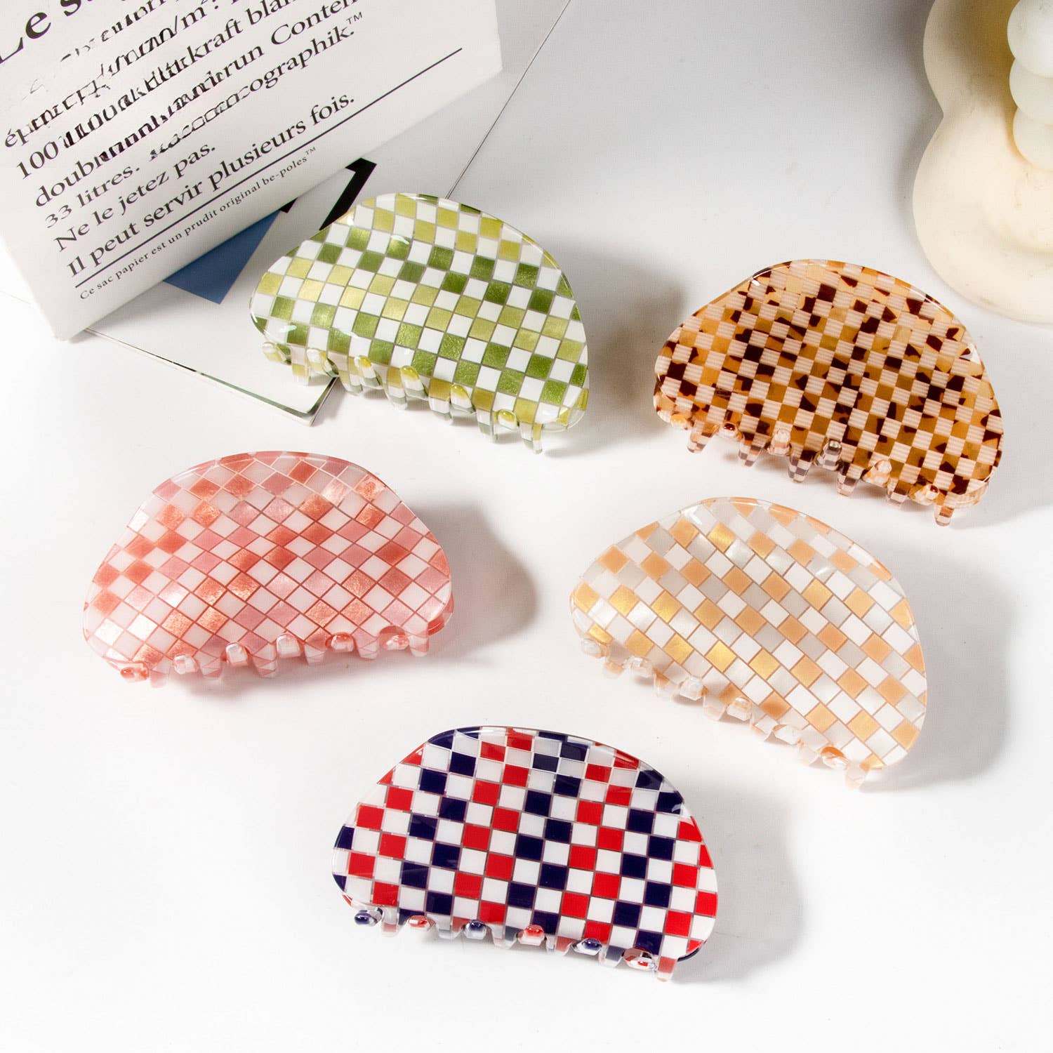 ACCITY - Checkerboard Acrylic Hair Claw Clip Half Round _CWAHA0326: Orange / (OS) 3