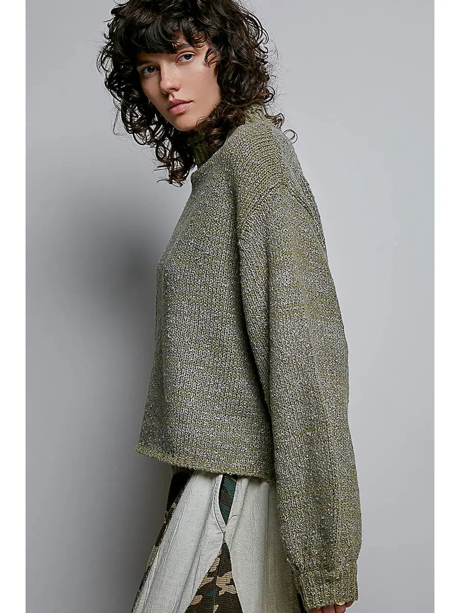 High-Neck Balloon Sleeve Rolling Edge Sweater