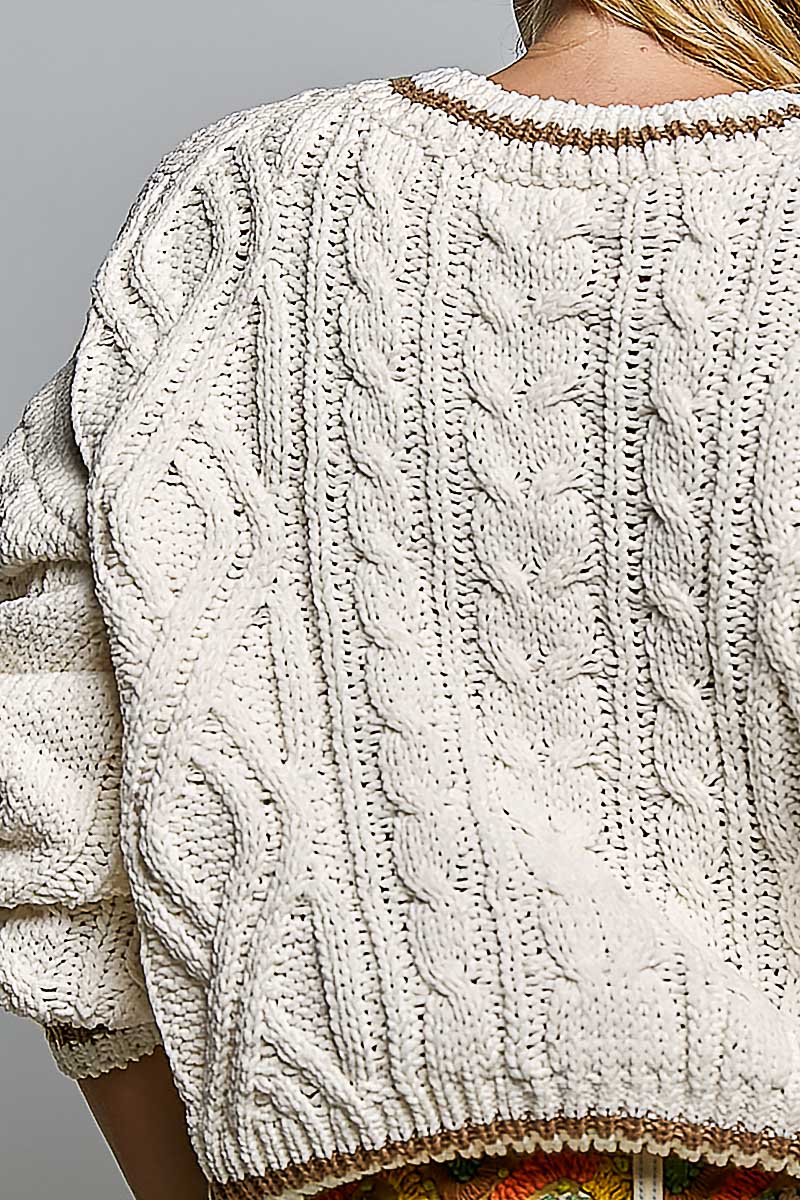 Cable Knit Crewneck Contrast Trim Sweater Top