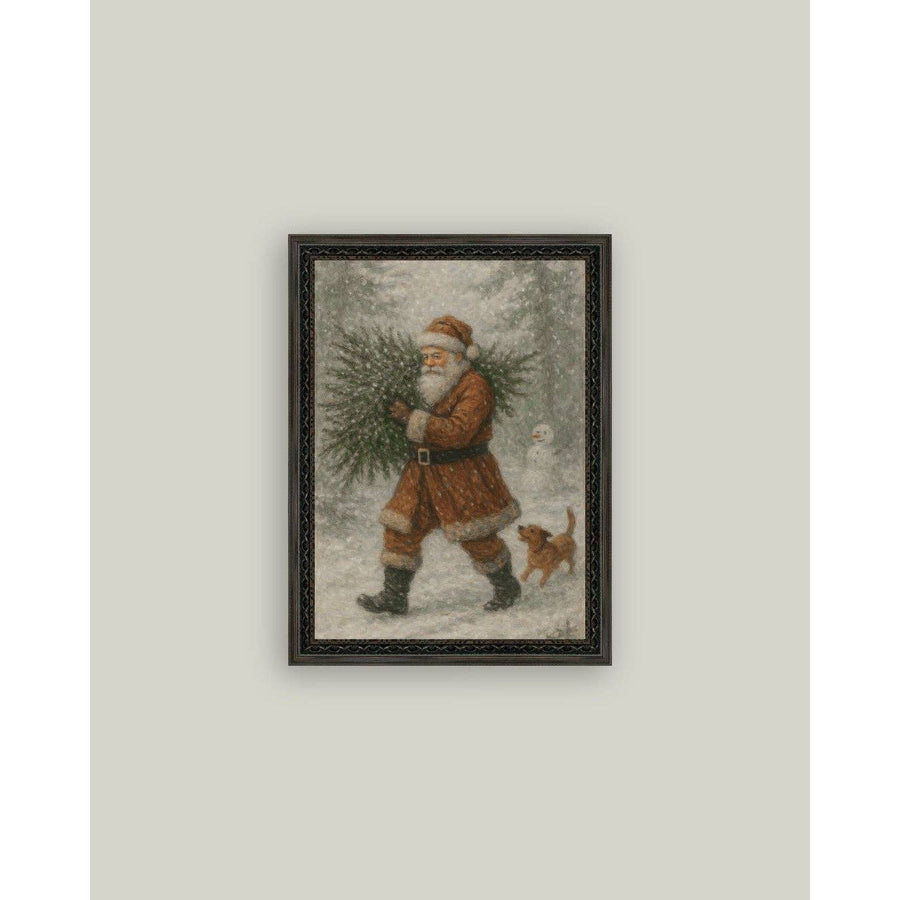 Santa w/Tree Framed Antique Art |  5 x 7