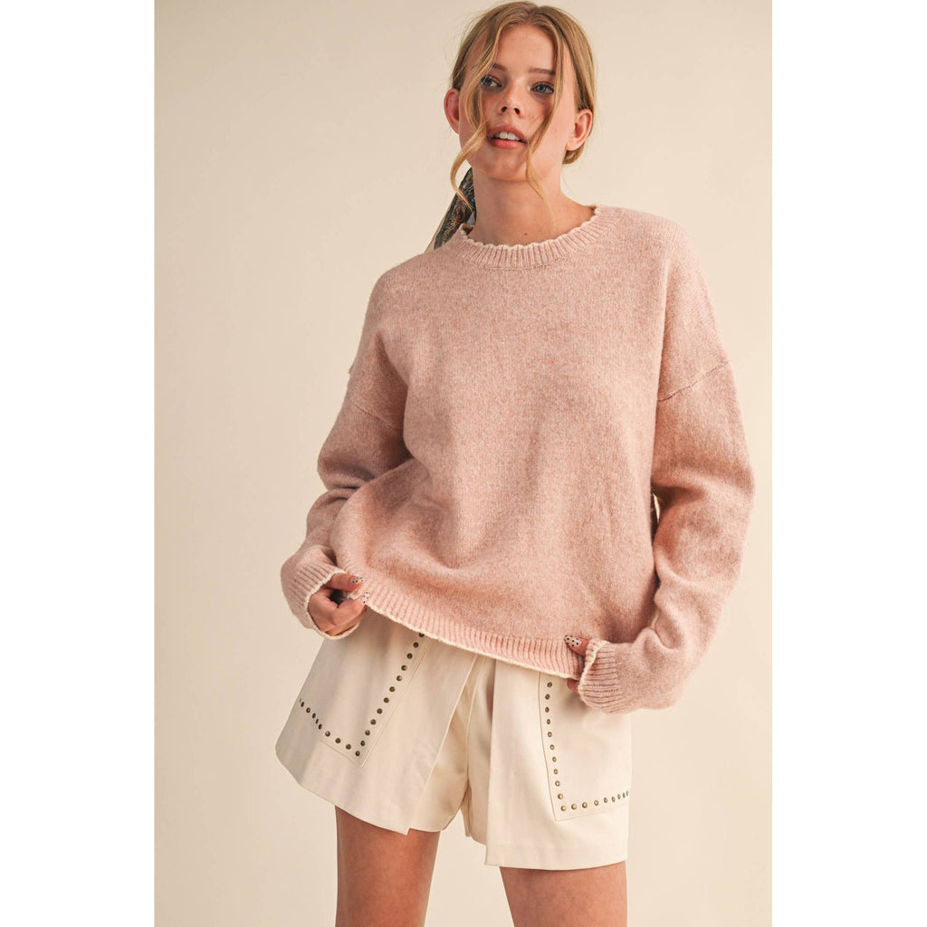 &MERCI - CONTRAST KNIT SCALLOPED EDGE SWEATER MSW11114: CHARCOAL PINK / L