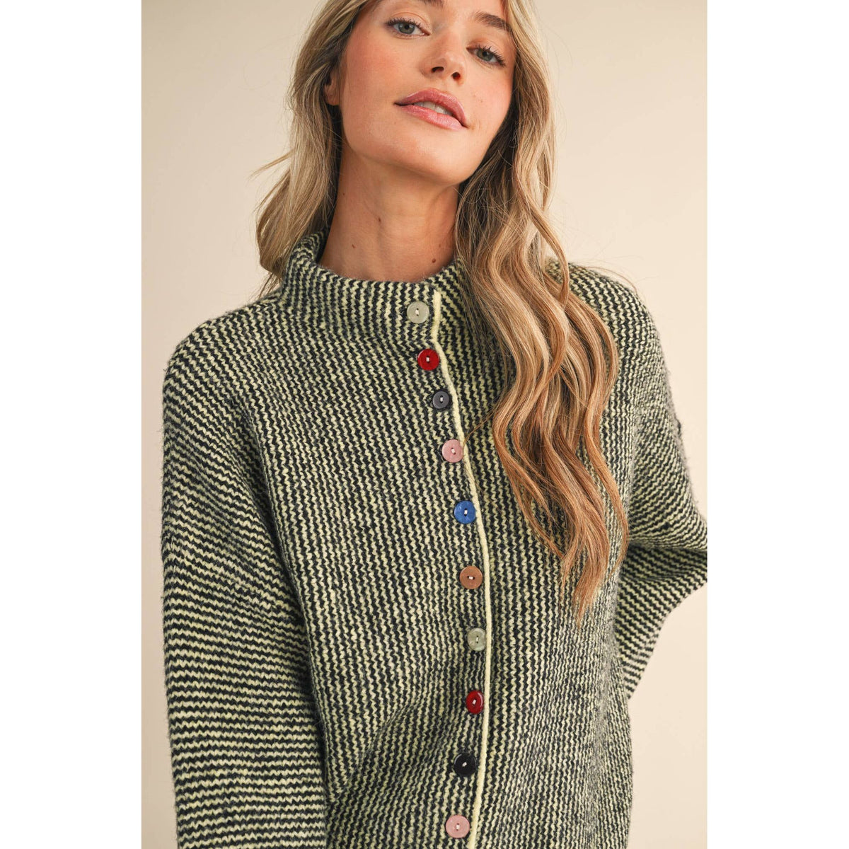 &MERCI - STRIPED SWEATER CARDIGAN WITH COLORFUL BUTTONS MSW11250: IVORY RED / S