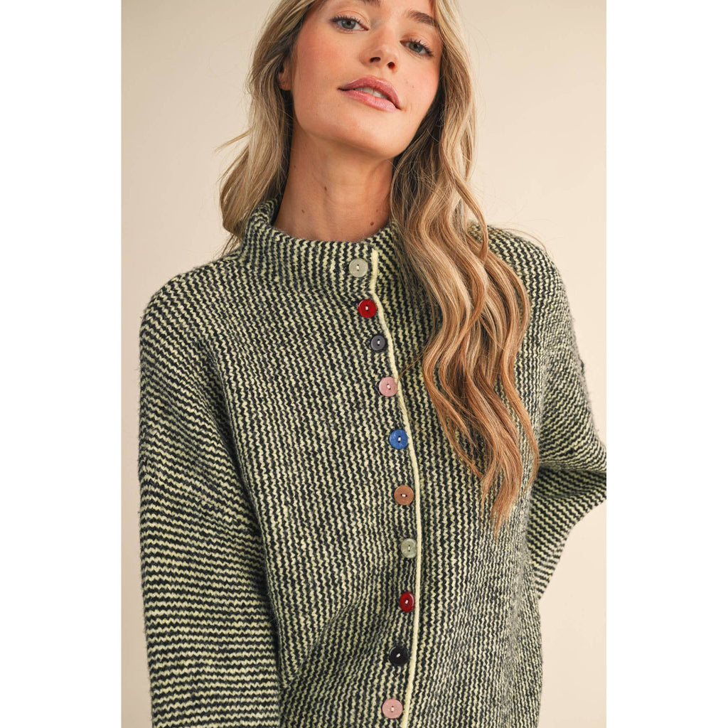 &MERCI - STRIPED SWEATER CARDIGAN WITH COLORFUL BUTTONS MSW11250: BLACK LIME / M