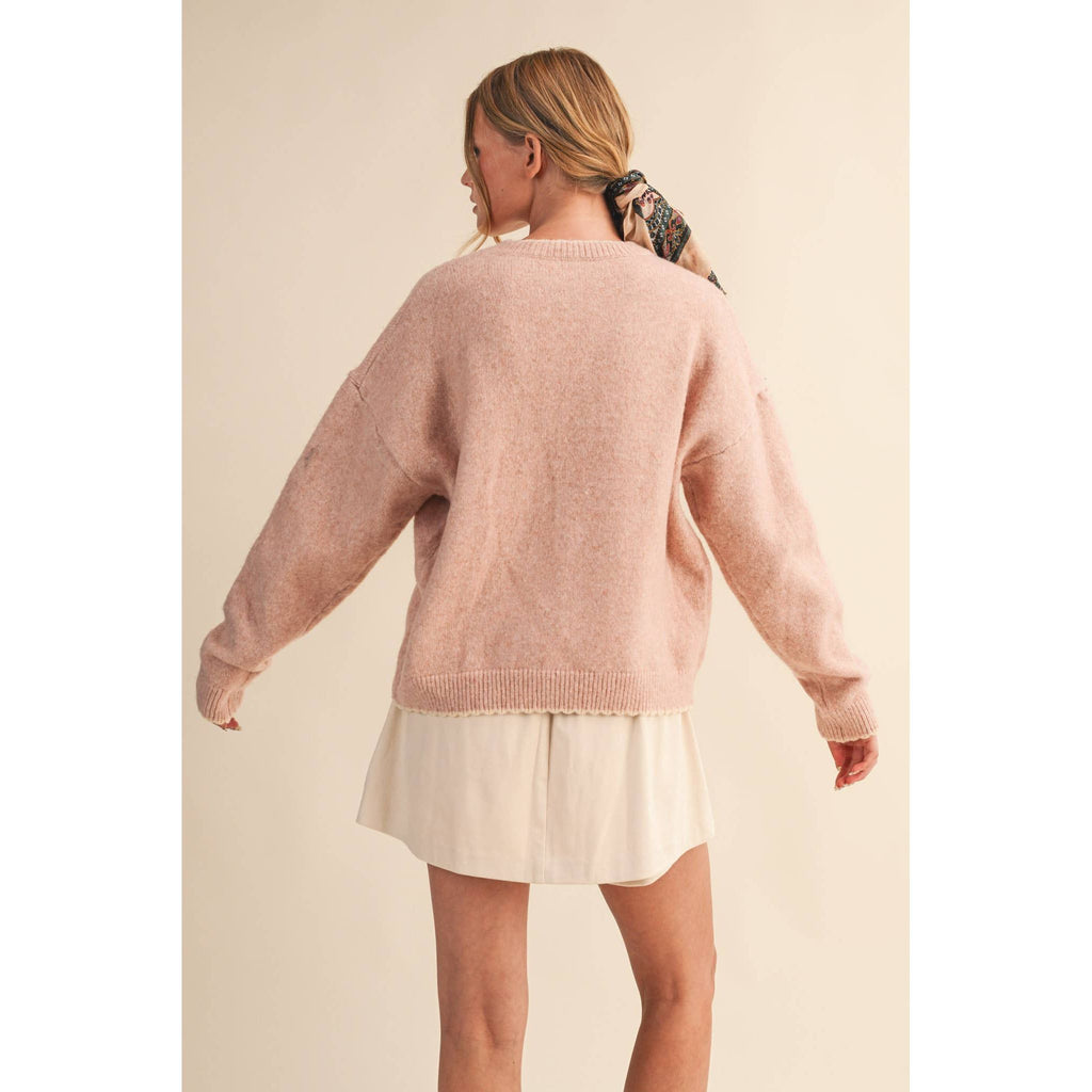 &MERCI - CONTRAST KNIT SCALLOPED EDGE SWEATER MSW11114: CHARCOAL PINK / S