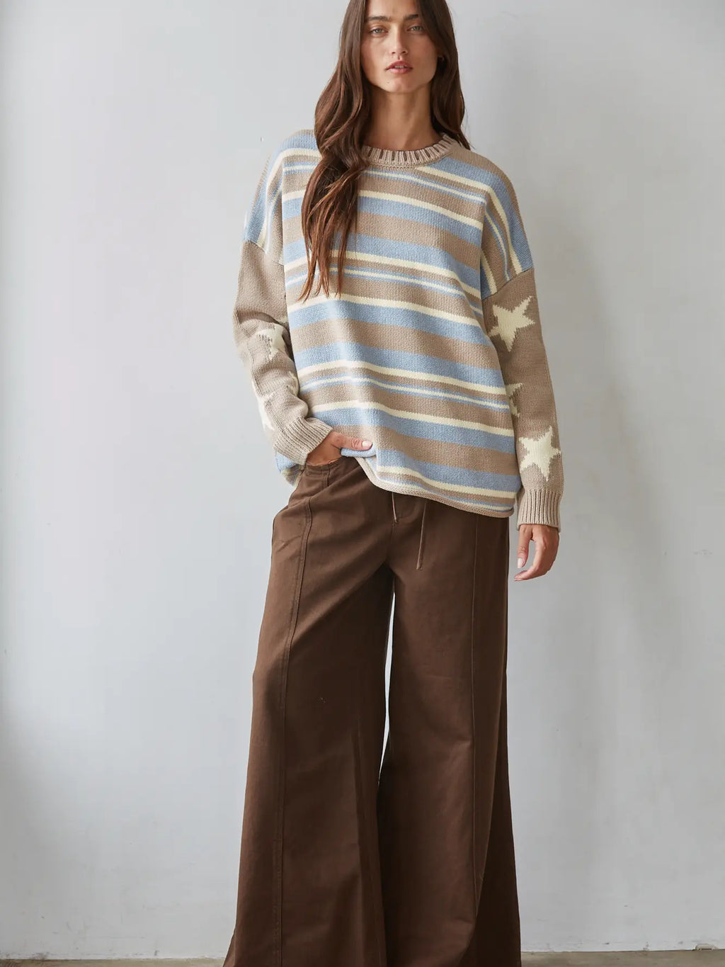Knit Sweater Striped Pullover with Star Detail