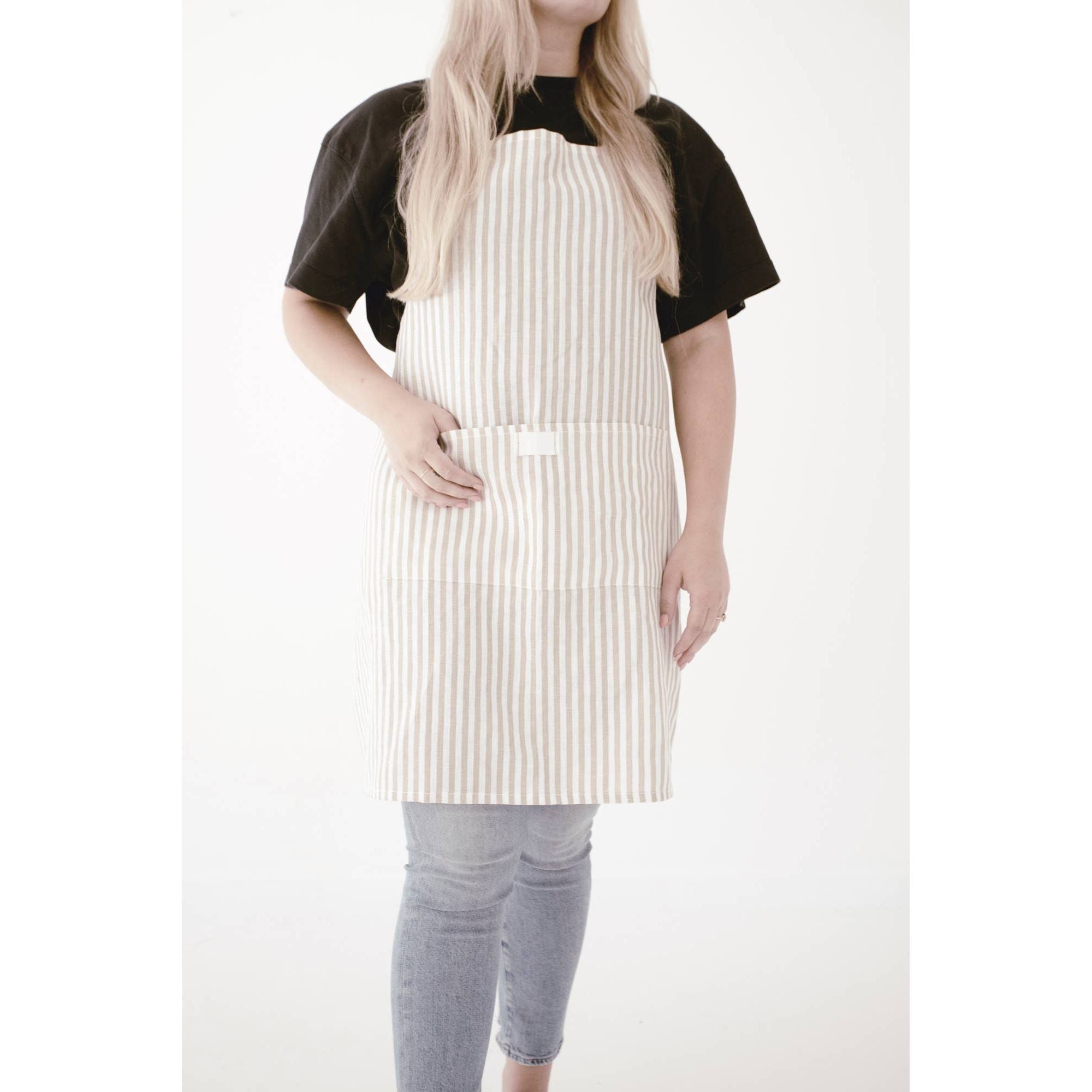 Keepsake Jar Linen Adult Bistro Apron in Oatmeal Stripe