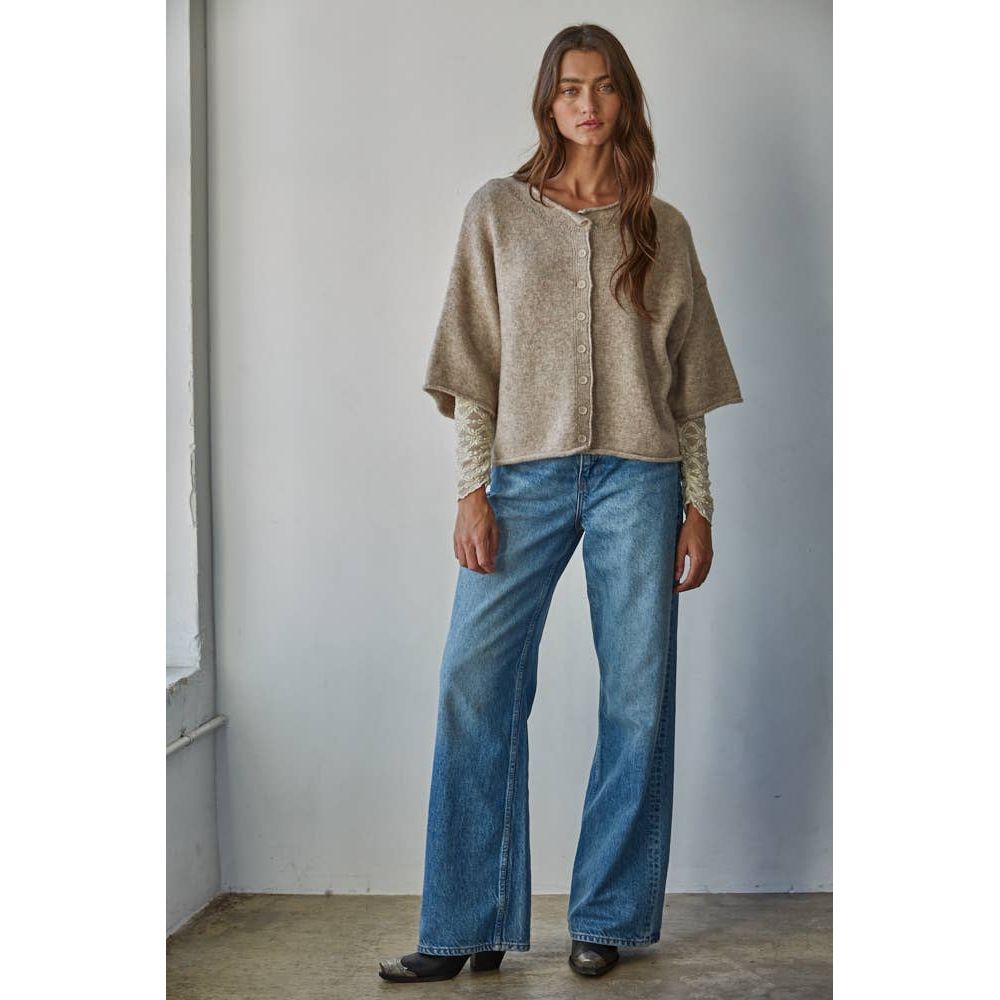 Knit Sweater Quarter Sleeve Button Up Cardigan Top