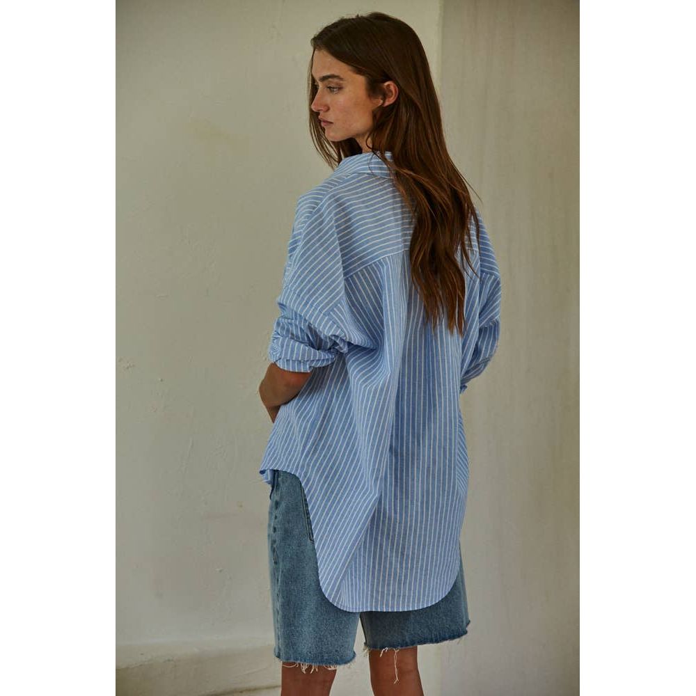 By Together - L8287 | Woven Cotton Polyester Striped Buttondown Shirt: Denim Blue / S