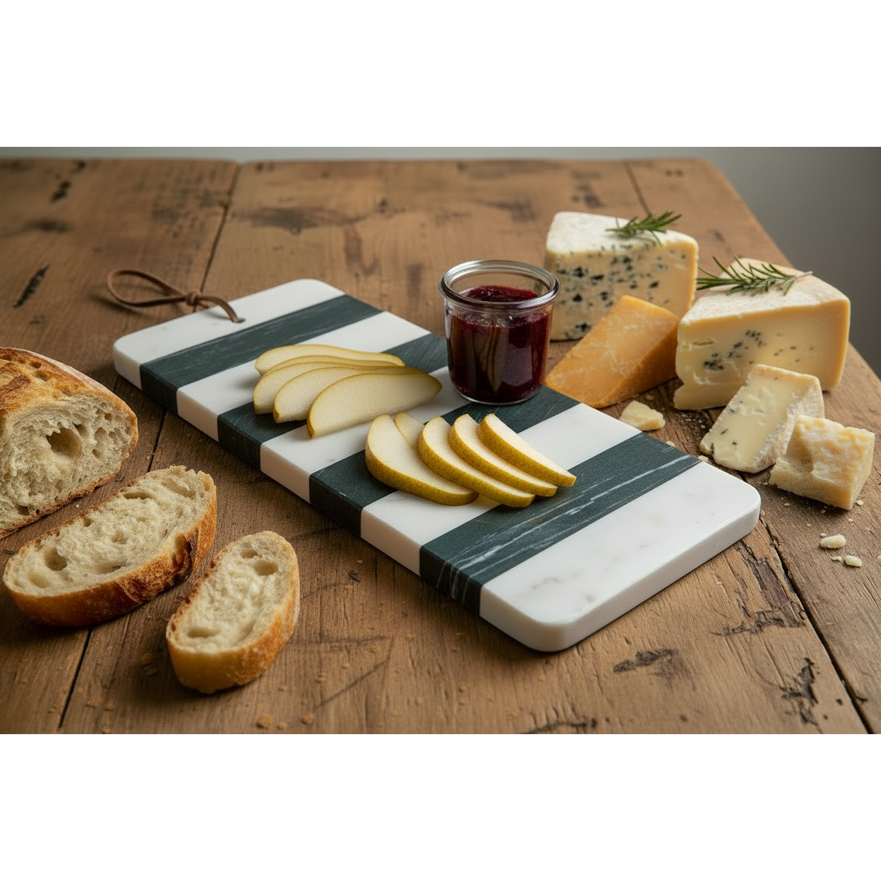 Black & White Marble Tray/Cutting Board w/Leather Tie