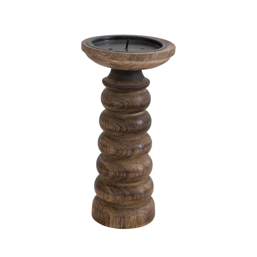 Hand-Carved Mango Wood Candle Holder w/Design | Espresso Finish