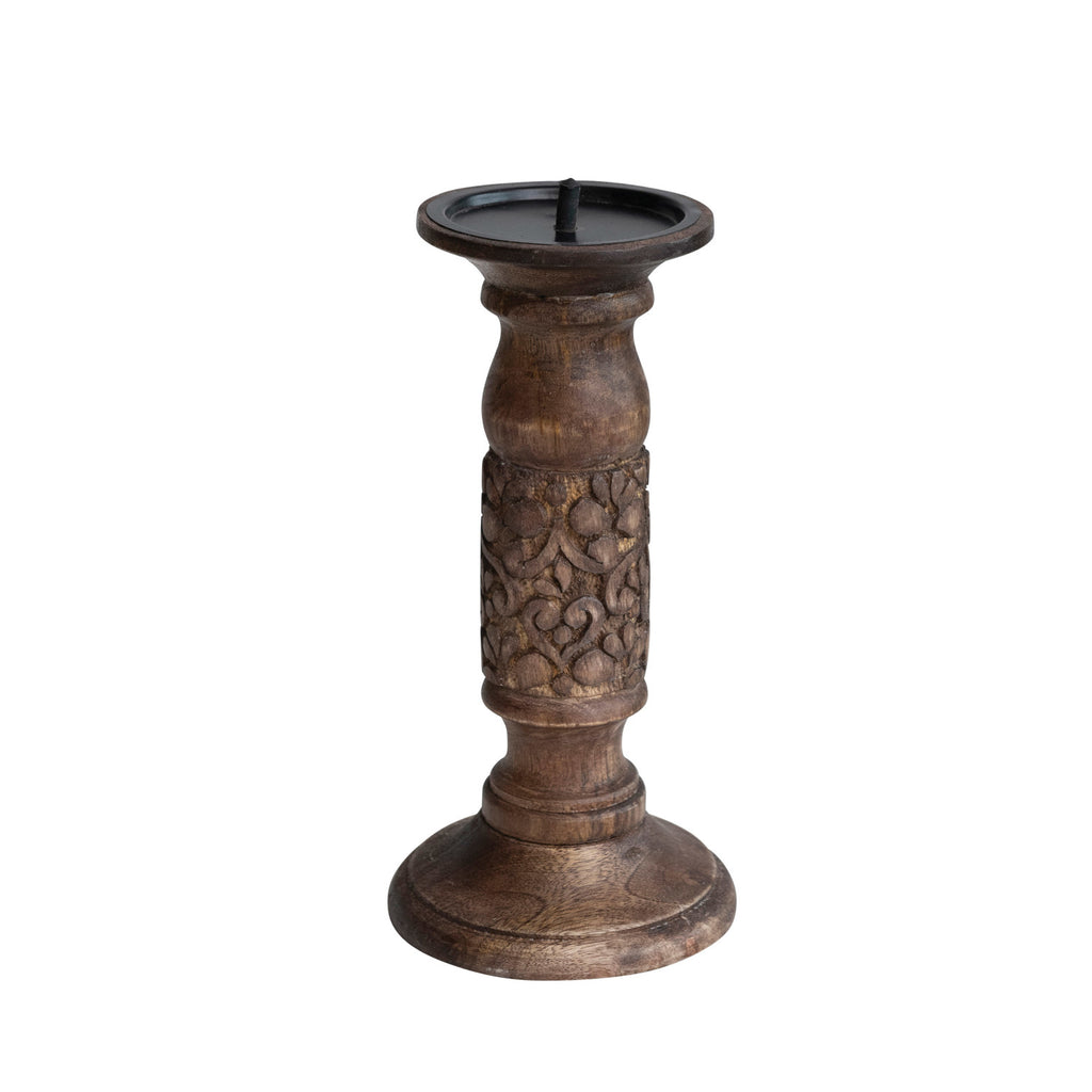 Hand-Carved Mango Wood Candle Holder w/Design | Walnut Finish