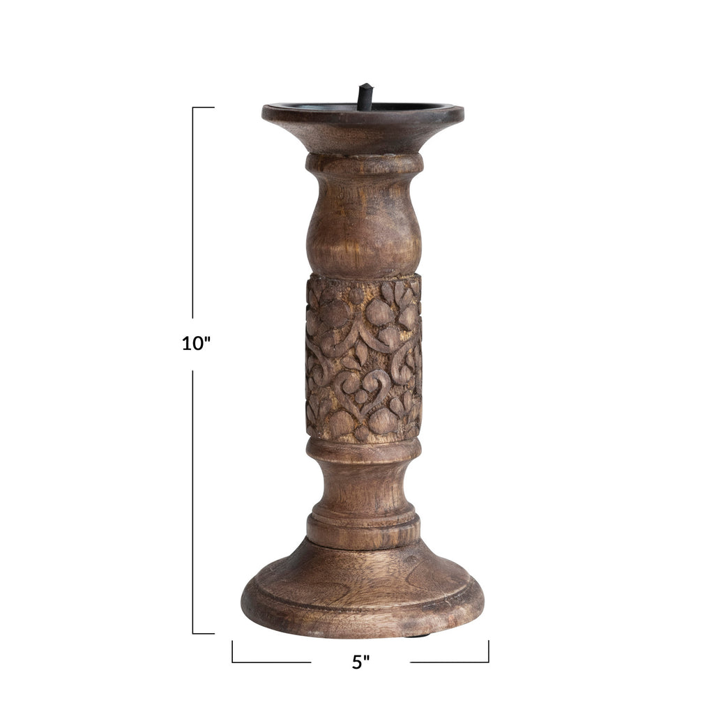 Hand-Carved Mango Wood Candle Holder w/Design | Walnut Finish