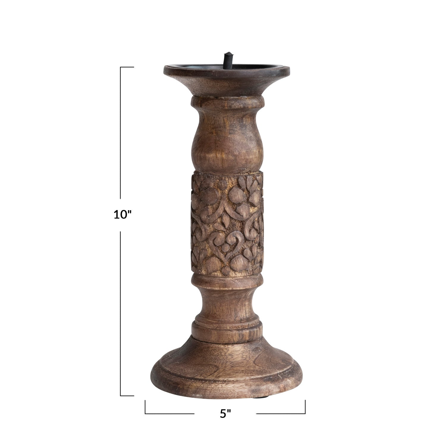 Hand-Carved Mango Wood Candle Holder w/Design | Walnut Finish