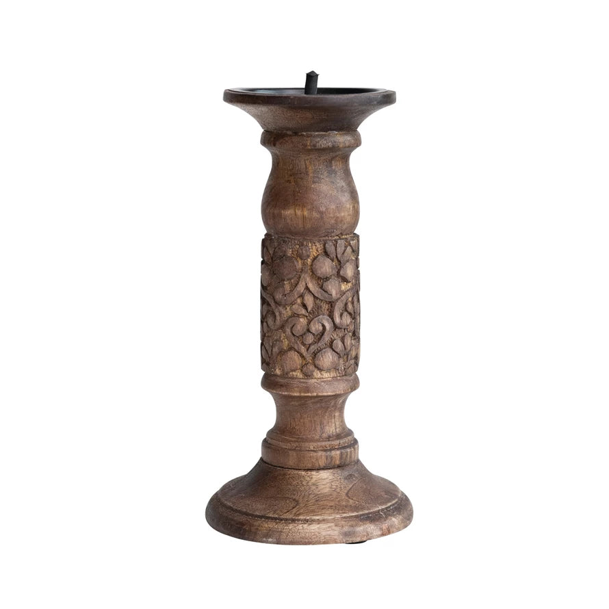 Hand-Carved Mango Wood Candle Holder w/Design | Walnut Finish