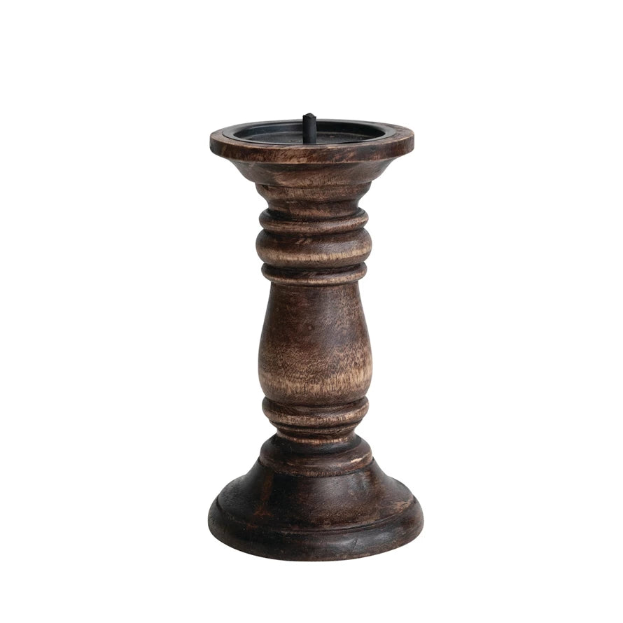 Hand-Carved Mango Wood Candle Holder | Espresso Finish