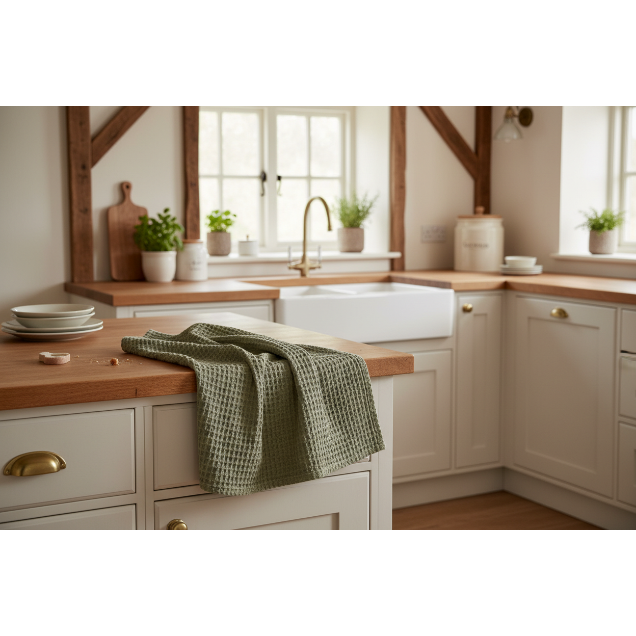 Stonewashed Cotton Waffle Weave Tea Towel | Green