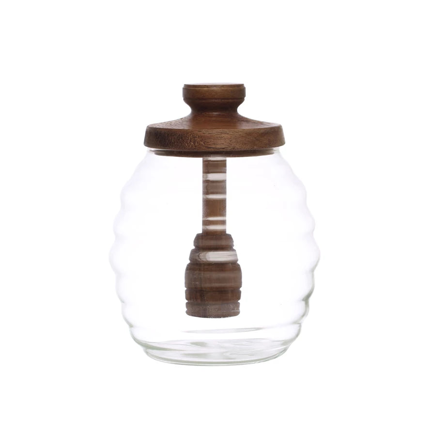 Pleated Glass Honey Jar w/Wood Lid & Honey dipper