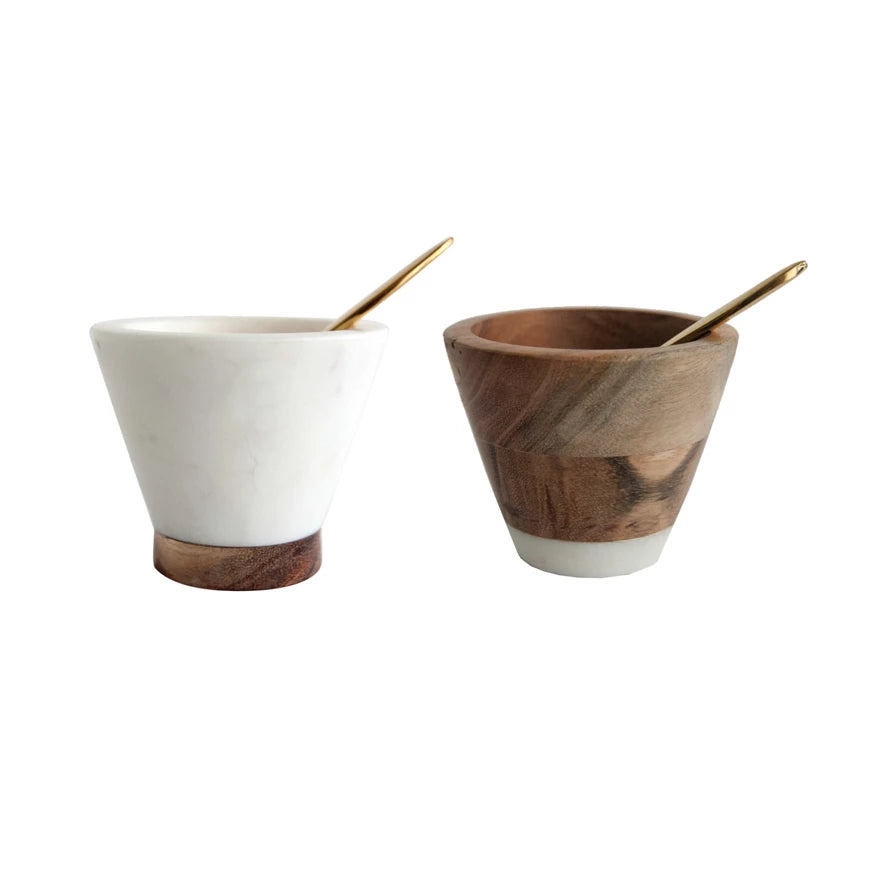 Marble & Mango Wood Pinch Pot w/Brass Spoon