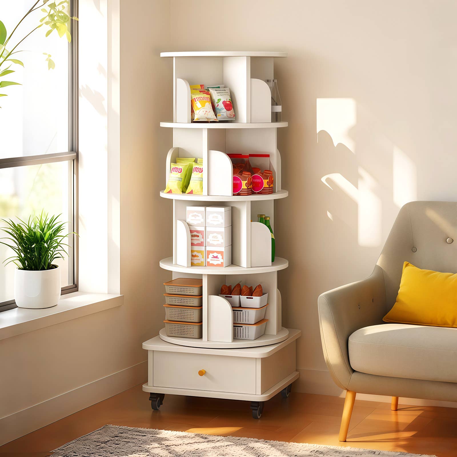 Rotating Bookshelf w/Drawer | 6 Tier