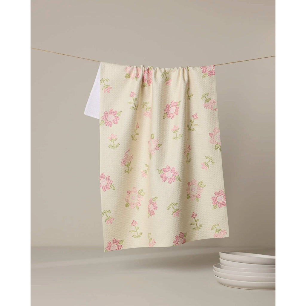 Geometry - Cross Stitch Floral Yellow Tea Towel