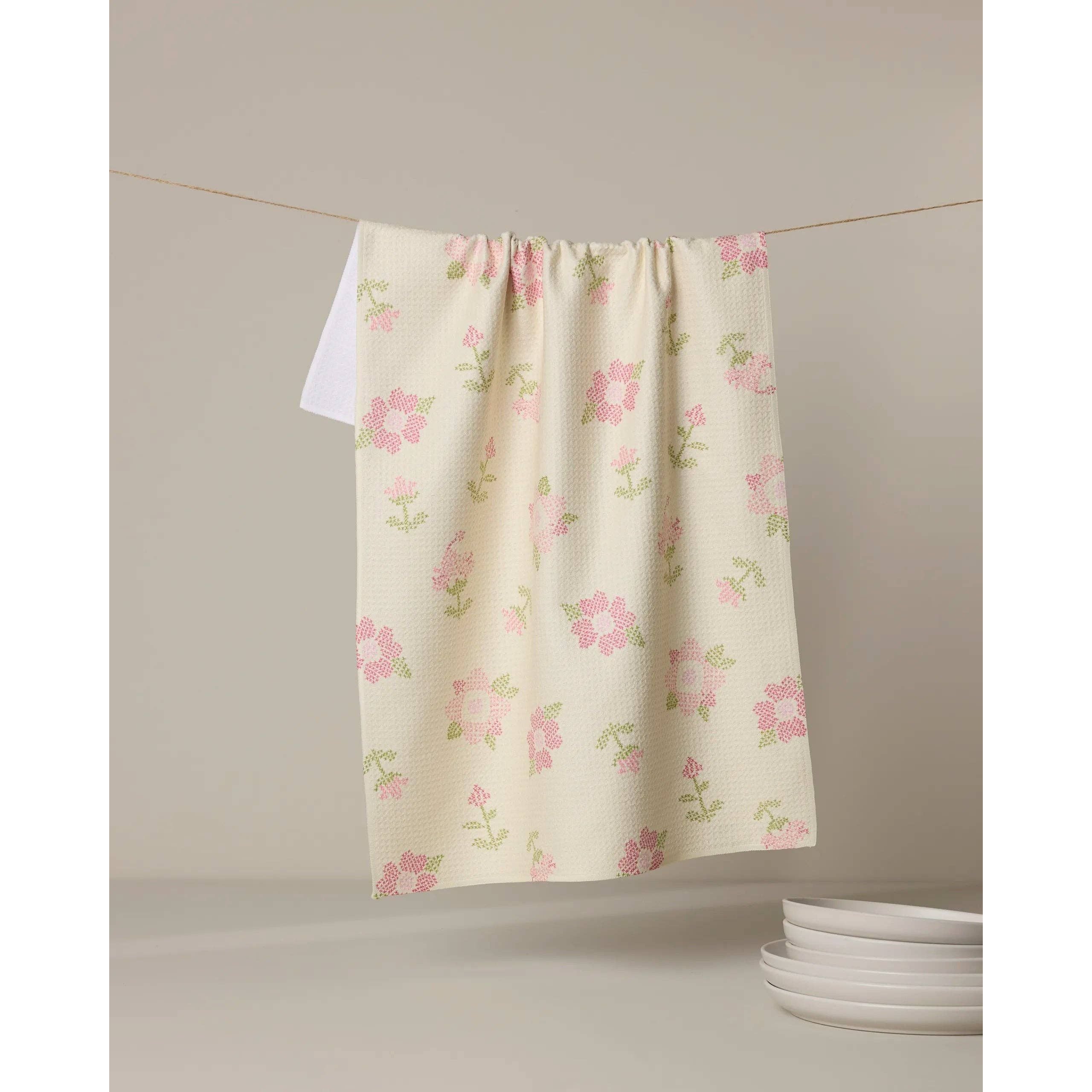 Geometry - Cross Stitch Floral Yellow Tea Towel