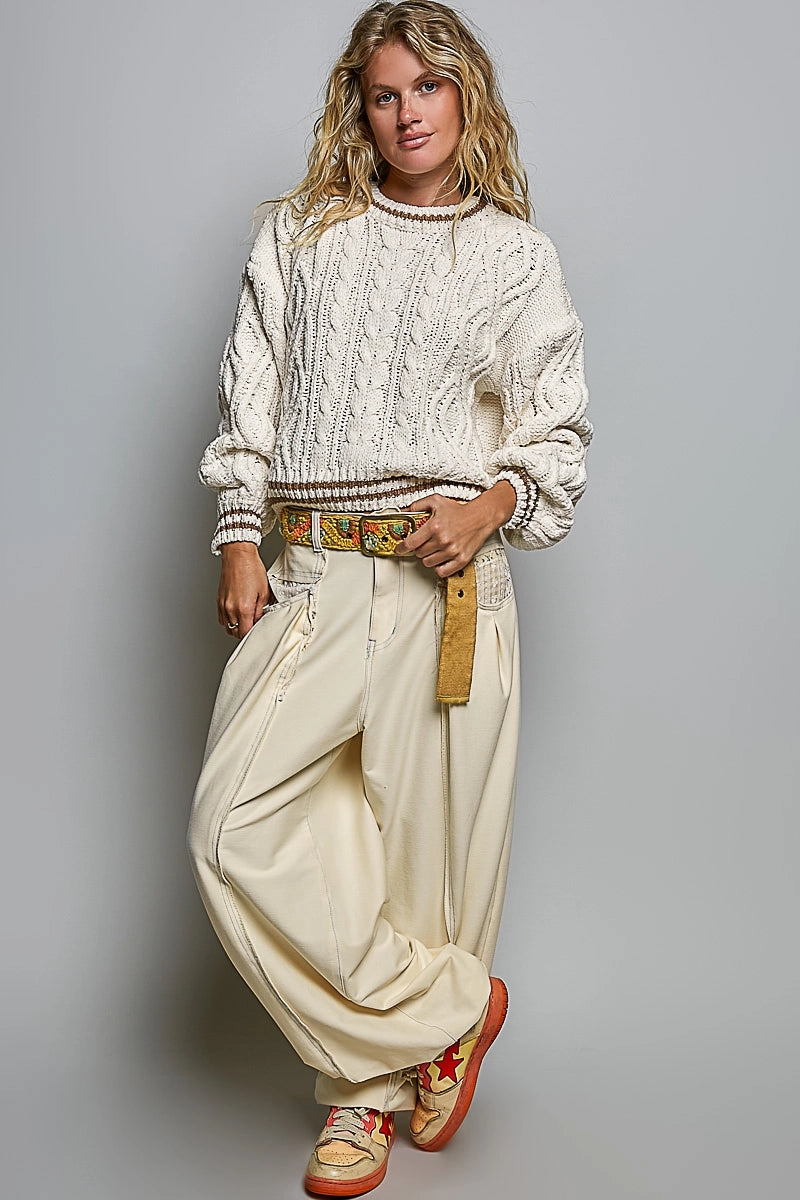 Cable Knit Crewneck Contrast Trim Sweater Top