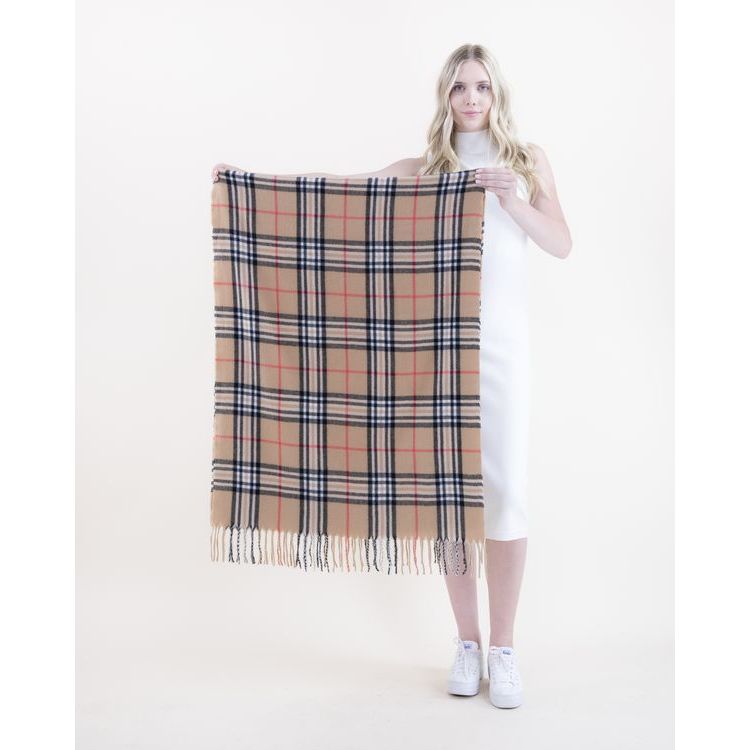 Soft Feel Highland Plaid Scarf w/Fringe | Camel