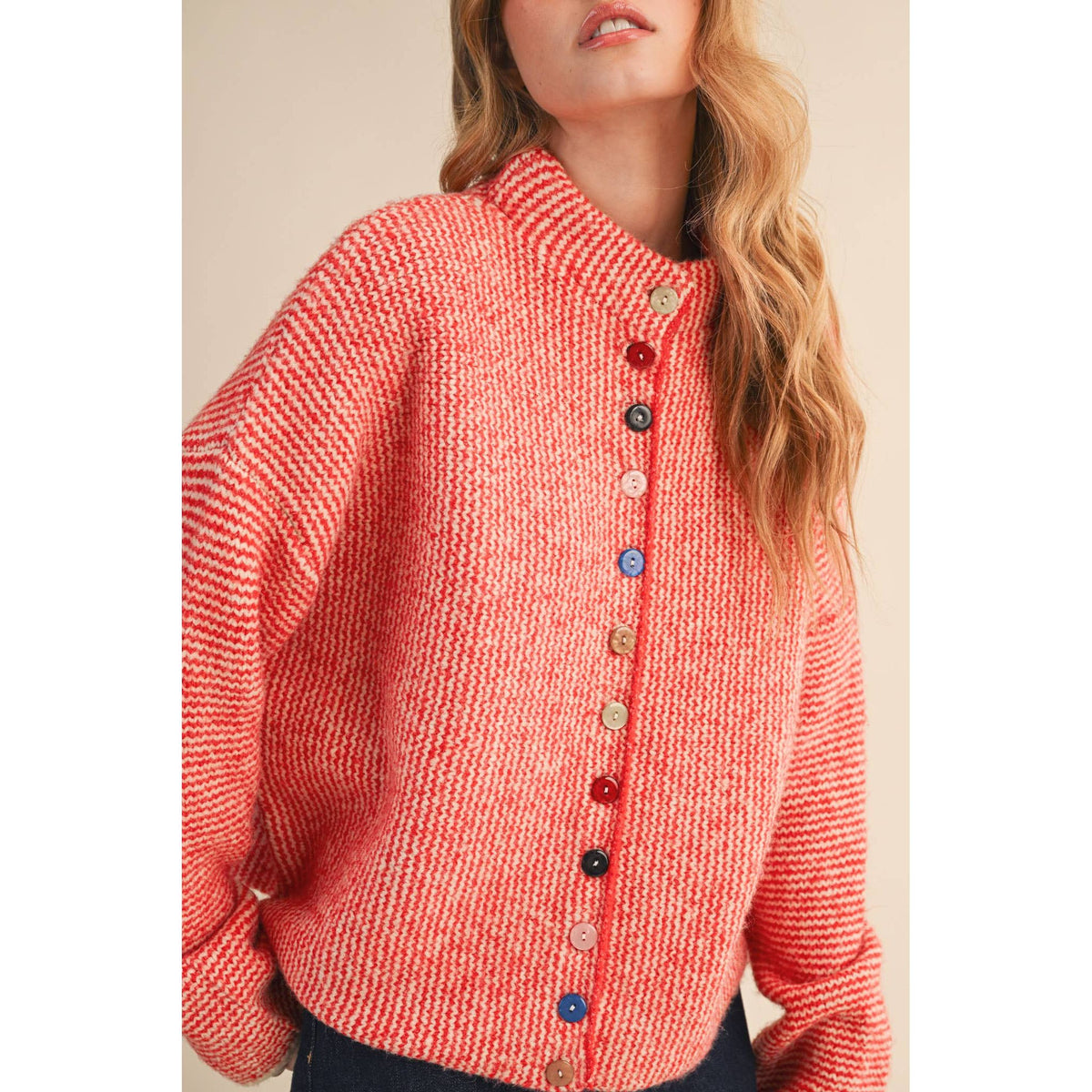 &MERCI - STRIPED SWEATER CARDIGAN WITH COLORFUL BUTTONS MSW11250: IVORY RED / S