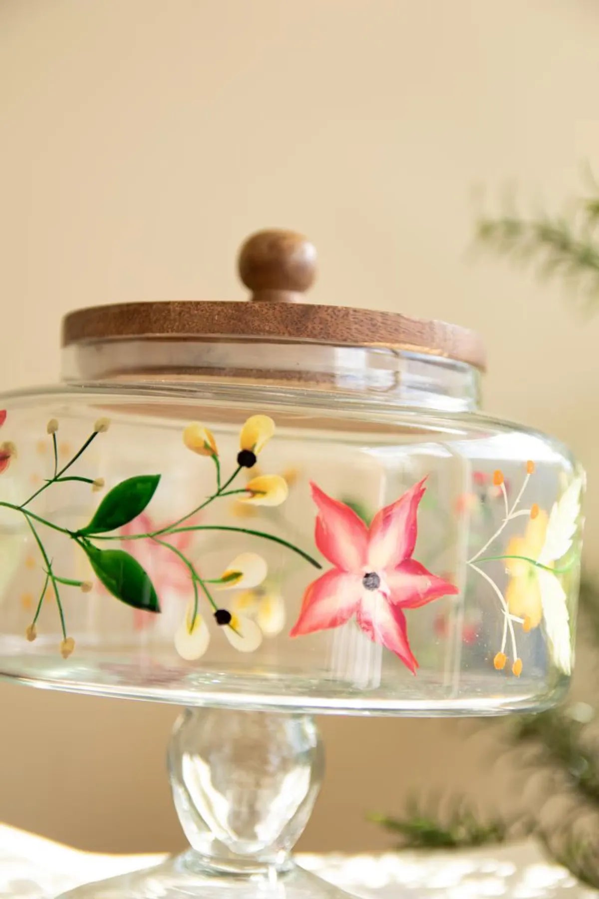 S/2 Hand-Pained Floral Footed Glass Canisters