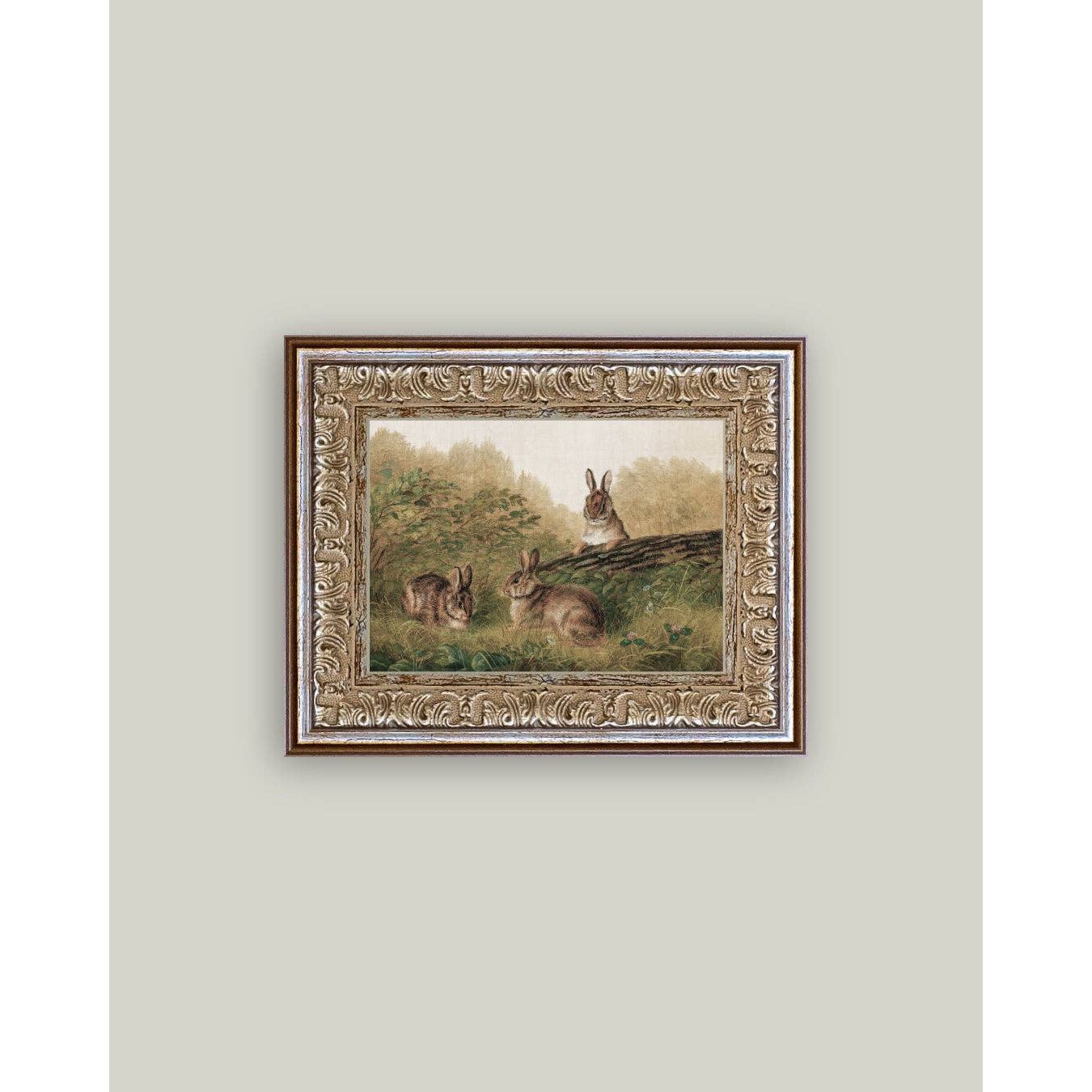 Framed Antique Art | Rabbits on a Log - 7x5