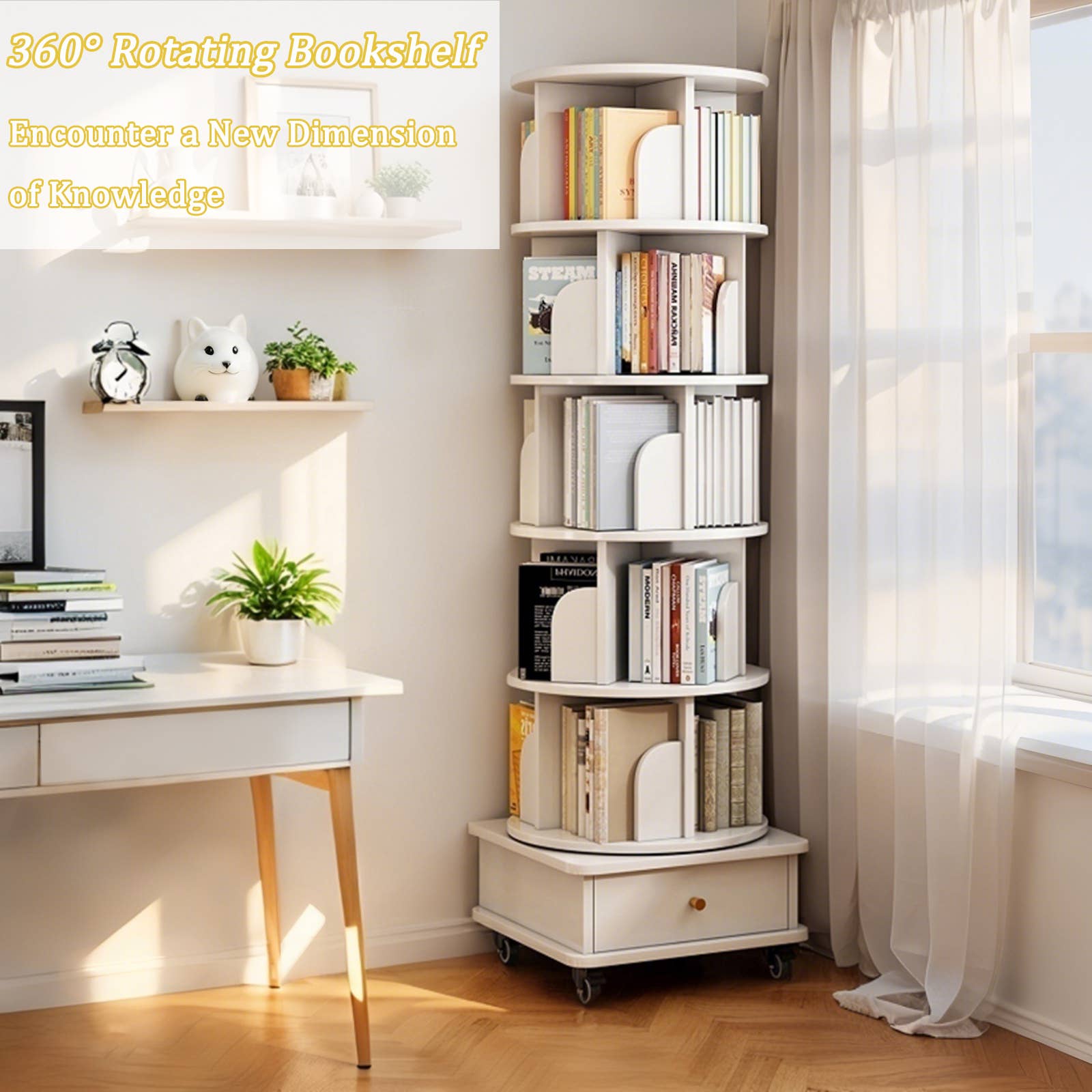 Rotating Bookshelf w/Drawer | 6 Tier