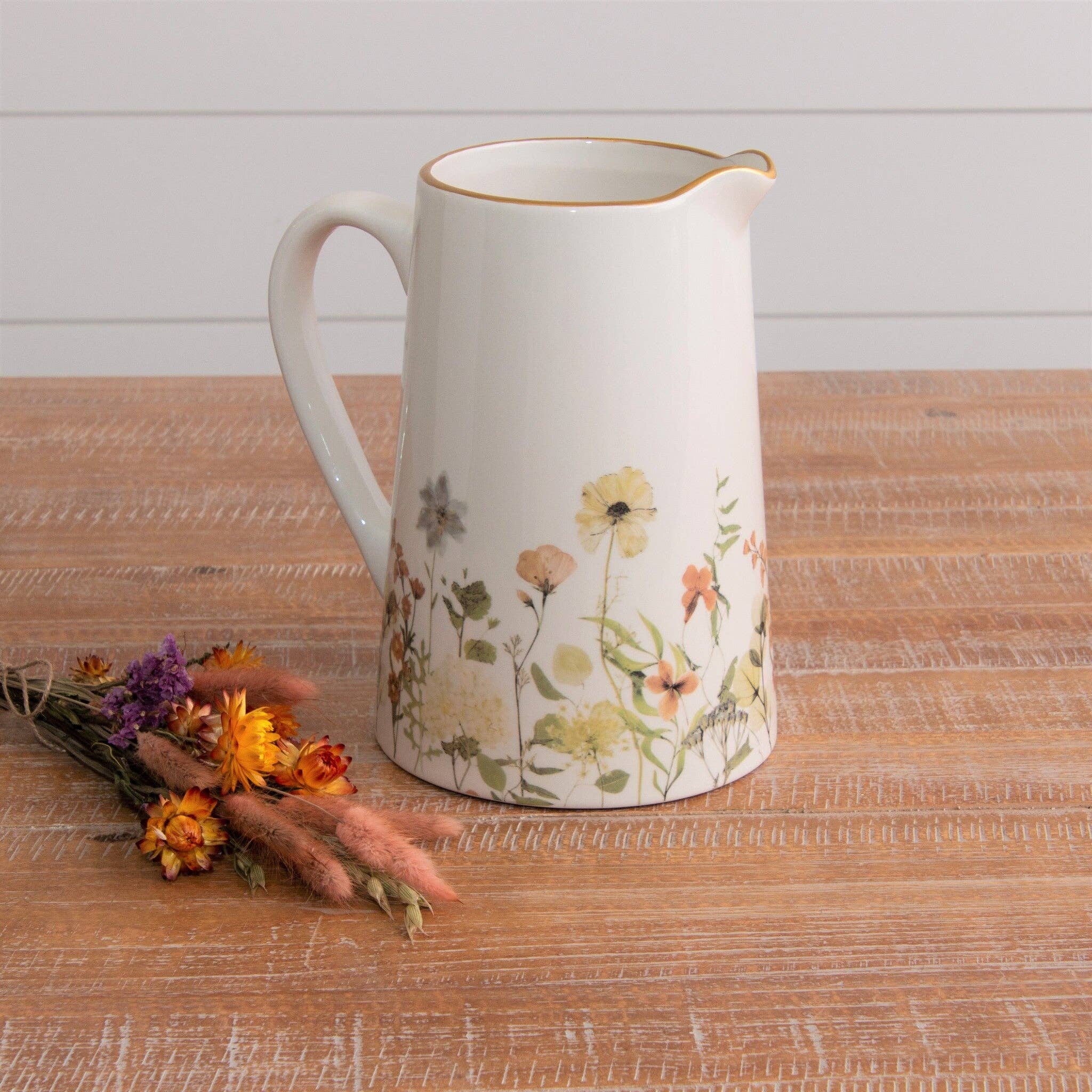 Dried Flower Pitcher w/Gold Rim